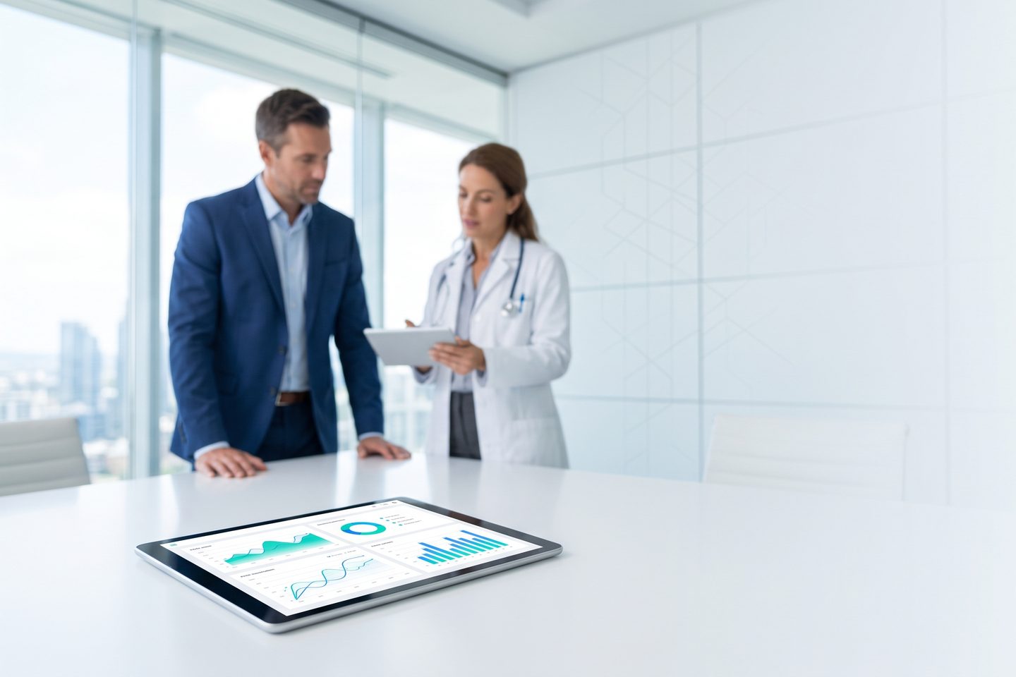 A health plan executive and a clinician reviewing risk and quality analytics together on a tablet